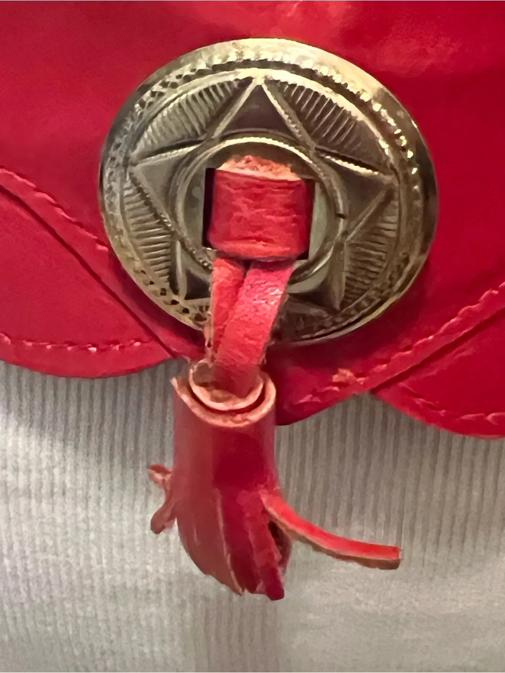 Vtg Leather Western Red belt tassel & gold tone conchos ADJUSTABLE RARE